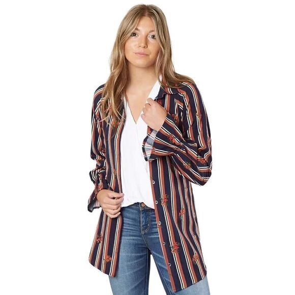 Miss Me NWT multi brown and navy striped long sleeve tunic blouse size L - Picture 4 of 16